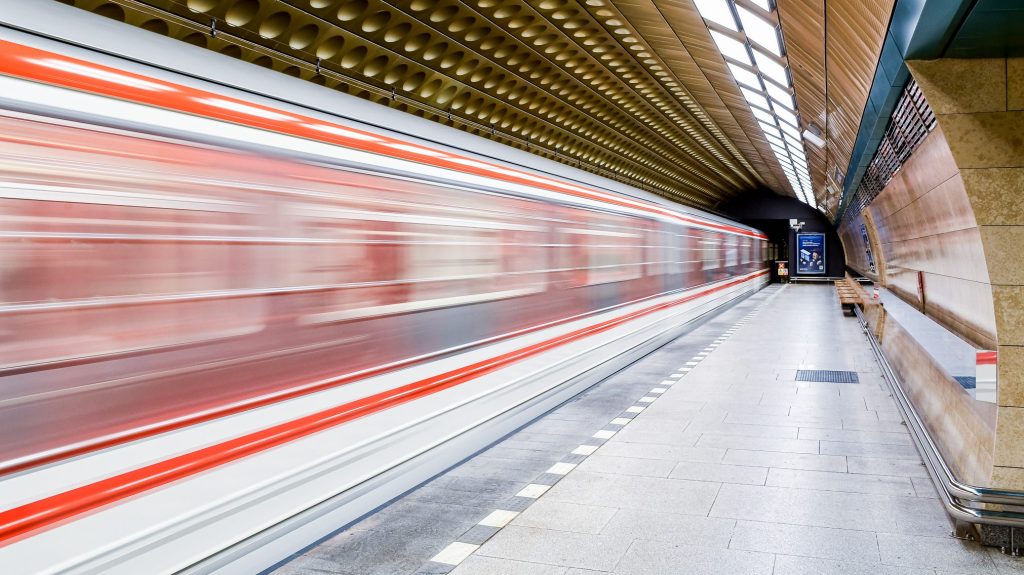 A passing metro car in the IP Pavlova metro station near the UNYP campus