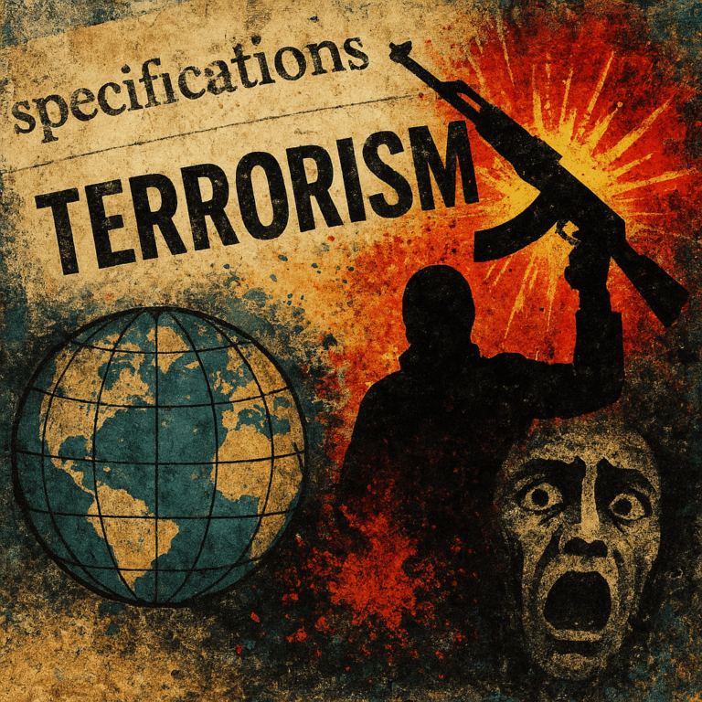Abstract artwork illustrating the global spectacle of terrorism, with symbolic shapes including a globe, fragmented textures, and dramatic contrasts of light and shadow