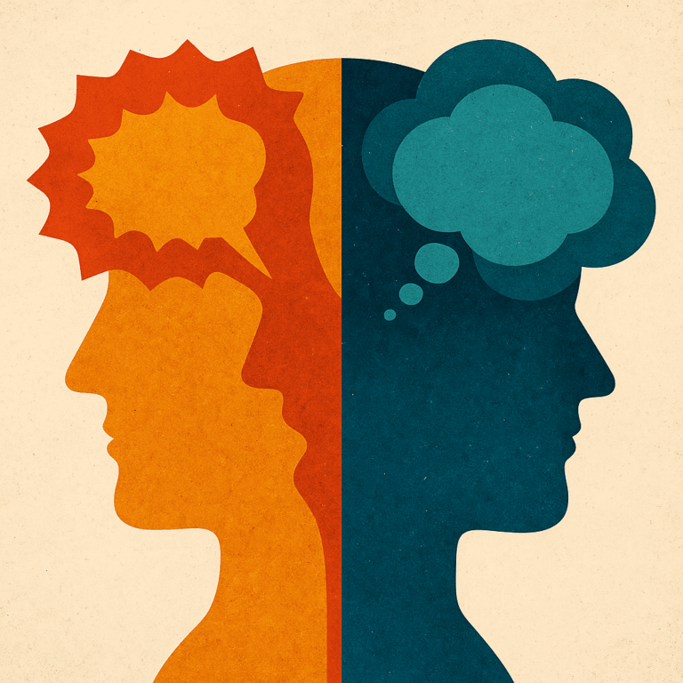 Abstract illustration of a head split in two, contrasting anxious dialogue with reflective self-talk.