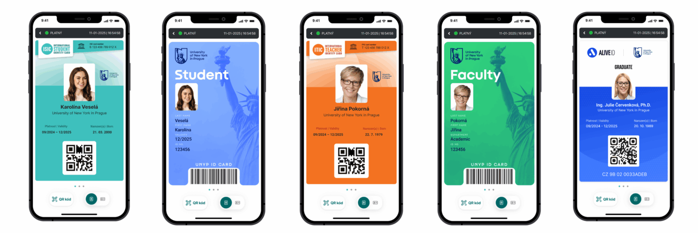 Overview of UNYP ID card types – ISIC, UNYP Student ID, ITIC, and Alumni ID shown side by side.