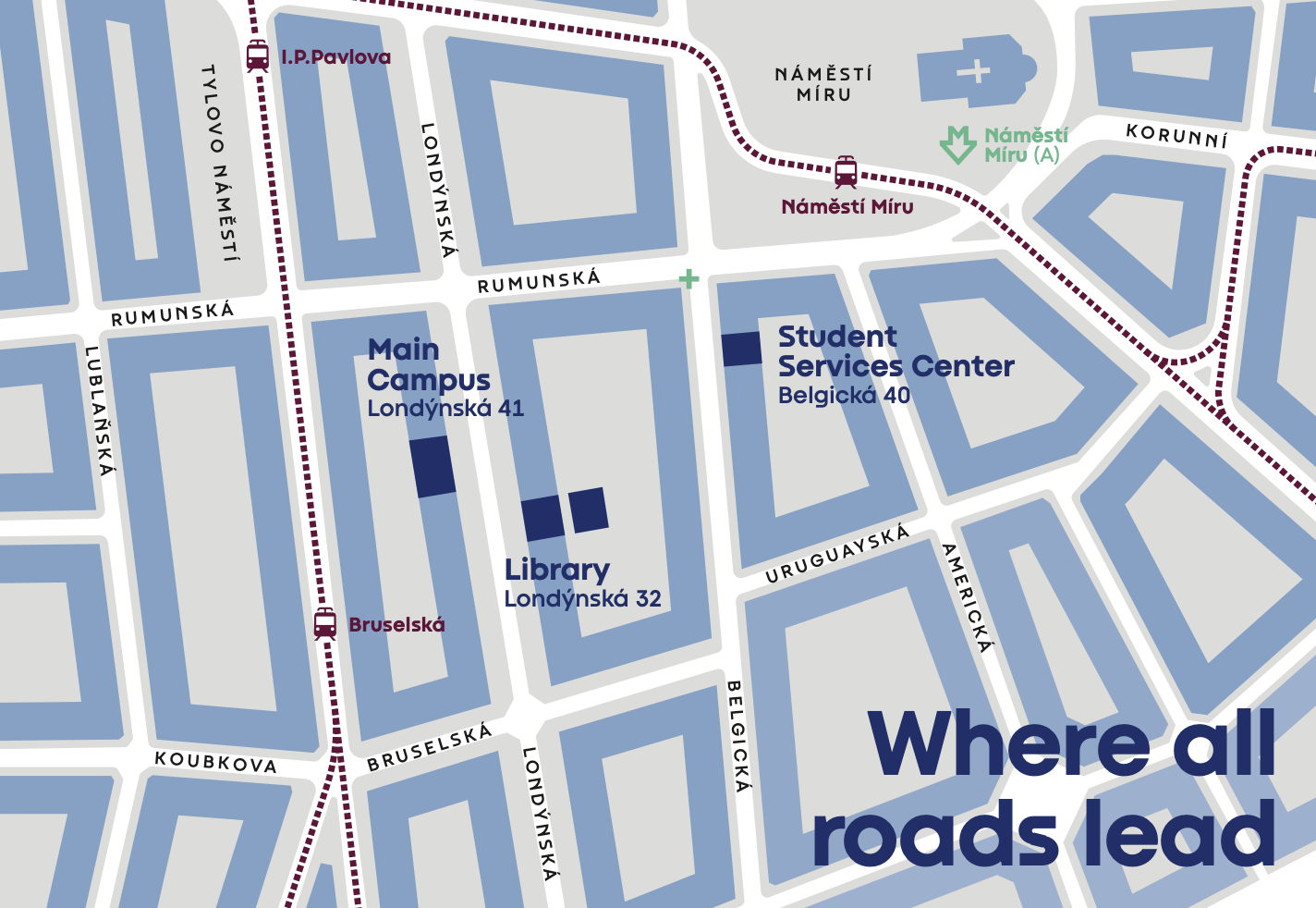 A helpful map detailing where the UNYP campus buildings are located in the Vinohrady district